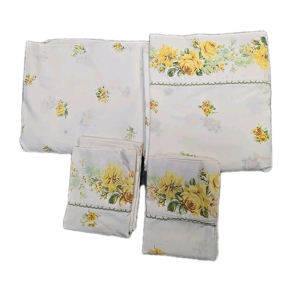 Lot of 4 Vintage Springmaid White Floral‎ USA Double Flat Fitted Sheet 81"x104"